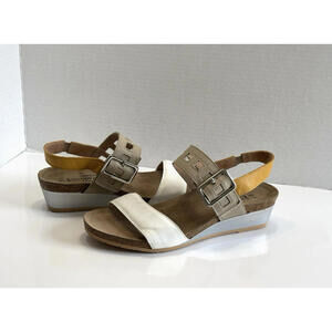 NAOT Dynasty Wedge Sandal Women's 9 Soft White/Beige/Marigold Leather Comfy Cork